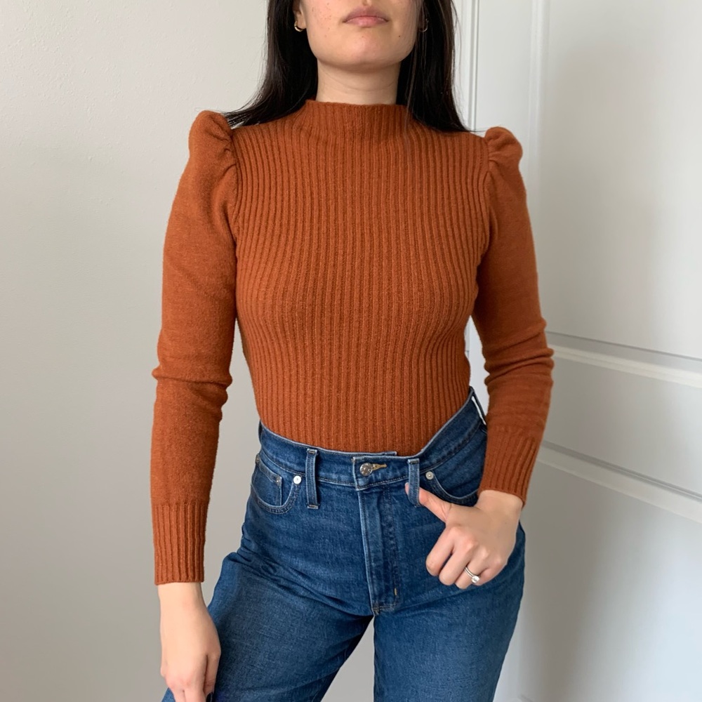 Piazza Italia Wool Blend Burnt Orange Fall Puff Shoulder Ribbed Sweater
